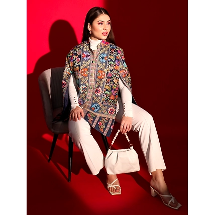 ladies cape coat with kalamkari embroidery-MOD-IK-CAPE-004