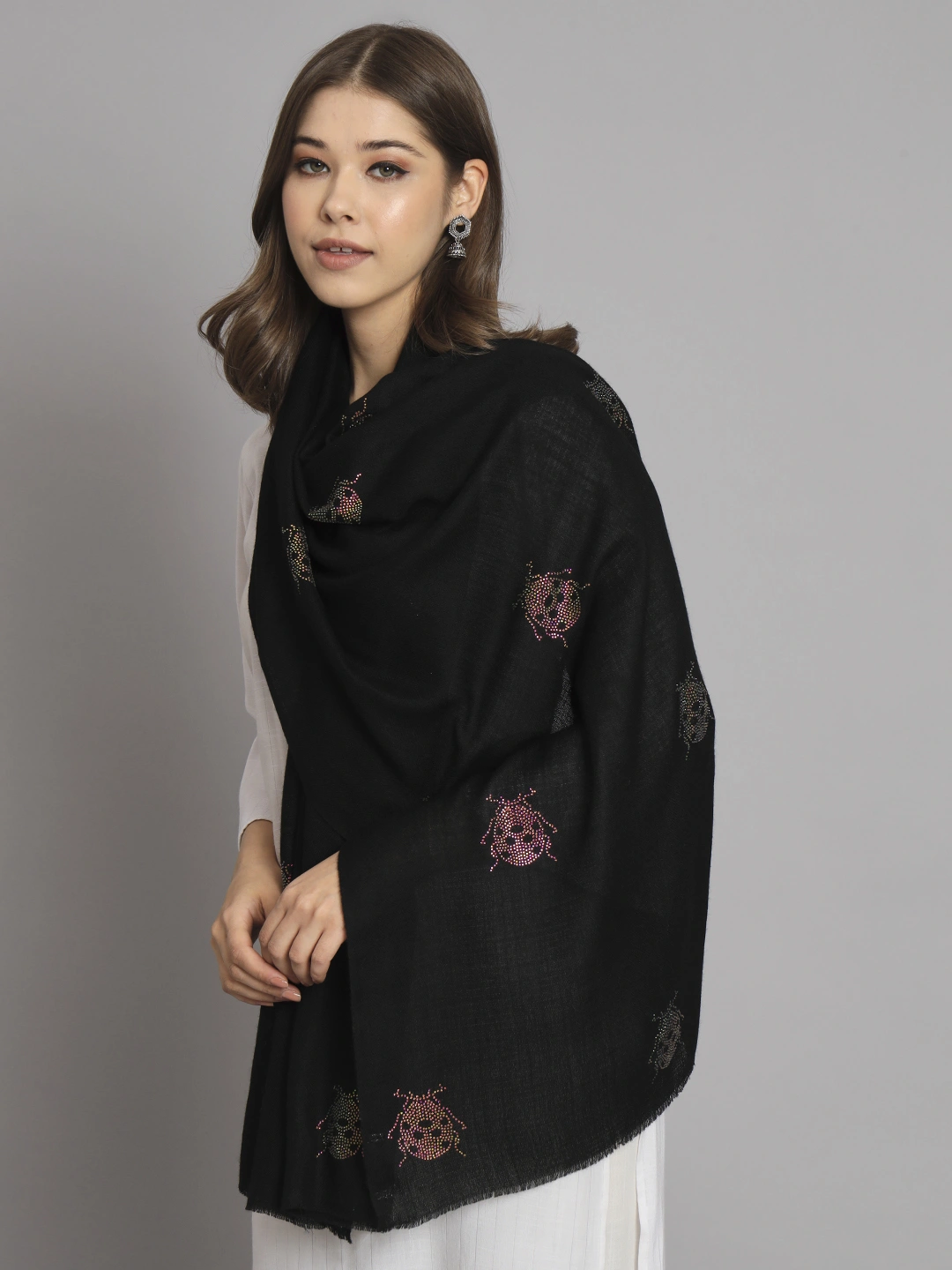 Black Shawl with swarovski catterpillars an ideal woolen shawl-MOD-IK-FW-BL-CP