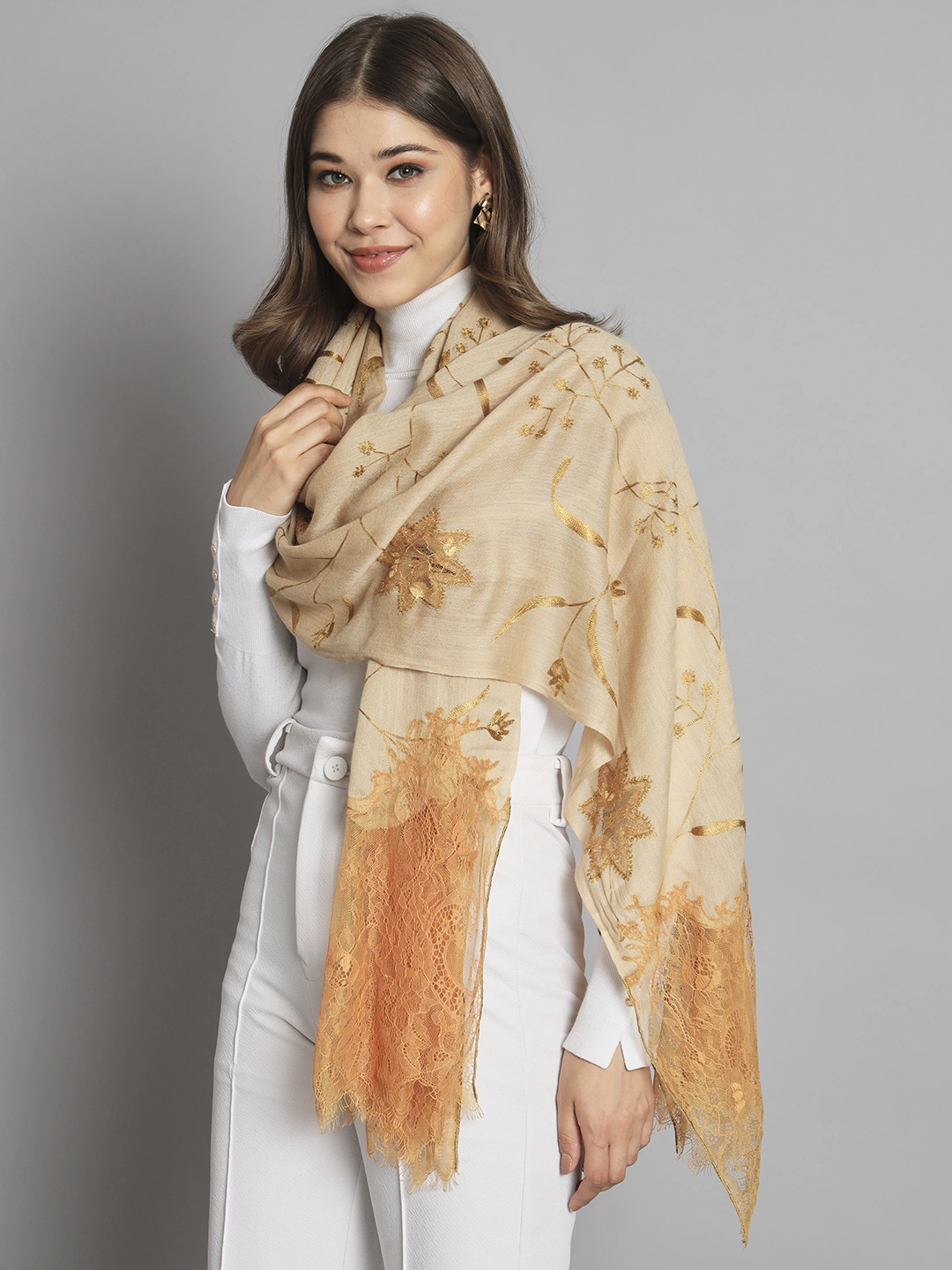 Biege Shawl for women with lace and floral cutwork pattern-MOD-IK-FW-LCWH-BR