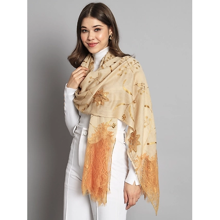 Biege Shawl for women with lace and floral cutwork pattern-MOD-IK-FW-LCWH-BR