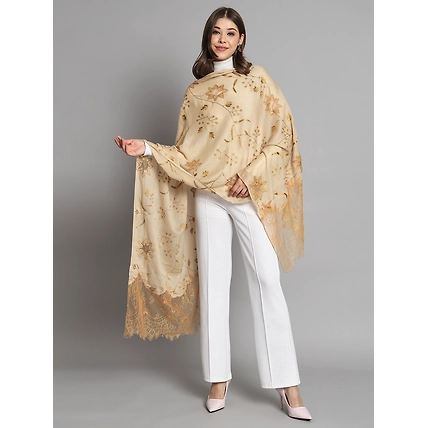 Biege Shawl for women with lace and floral cutwork pattern-3
