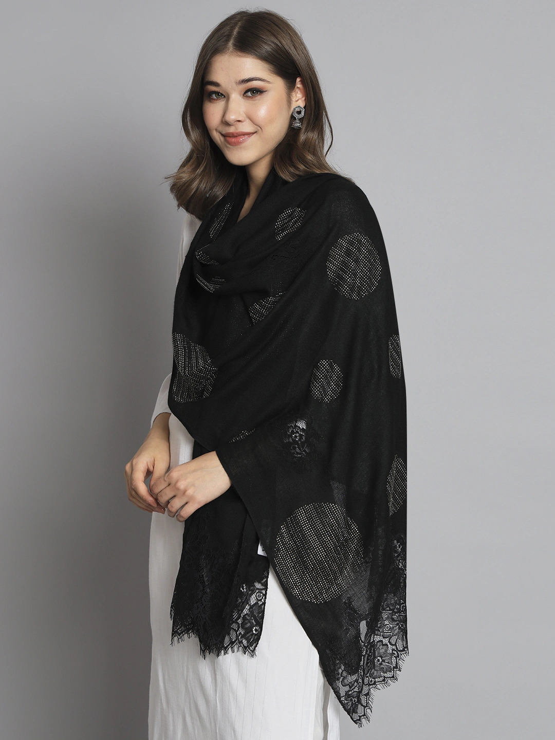 Black shawl with Swarovski Design and Lace-MOD-IK-LCBL-CR