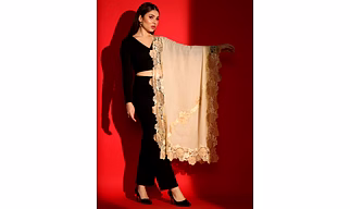 Lace-Edged Kashmiri Beige Shawl: Women's Woolen Shawl