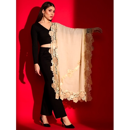 Lace-Edged Kashmiri Beige Shawl: Women's Woolen Shawl-MOD-IK-OMB-LC-BGE