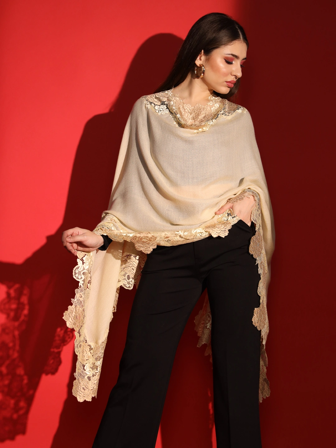 Lace-Edged Kashmiri Beige Shawl: Women's Woolen Shawl-1