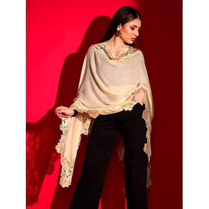 Lace-Edged Kashmiri Beige Shawl: Women's Woolen Shawl-1