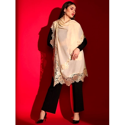 Lace-Edged Kashmiri Beige Shawl: Women's Woolen Shawl-2