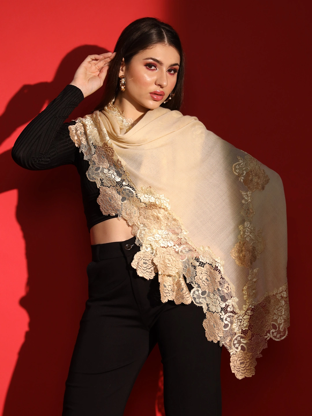 Lace-Edged Kashmiri Beige Shawl: Women's Woolen Shawl-3