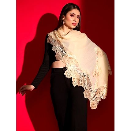 Lace-Edged Kashmiri Beige Shawl: Women's Woolen Shawl-4