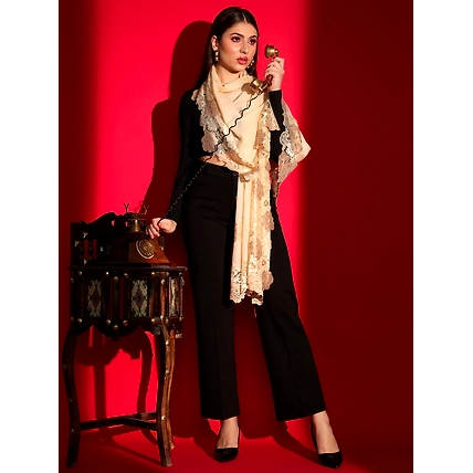 Lace-Edged Kashmiri Beige Shawl: Women's Woolen Shawl-5