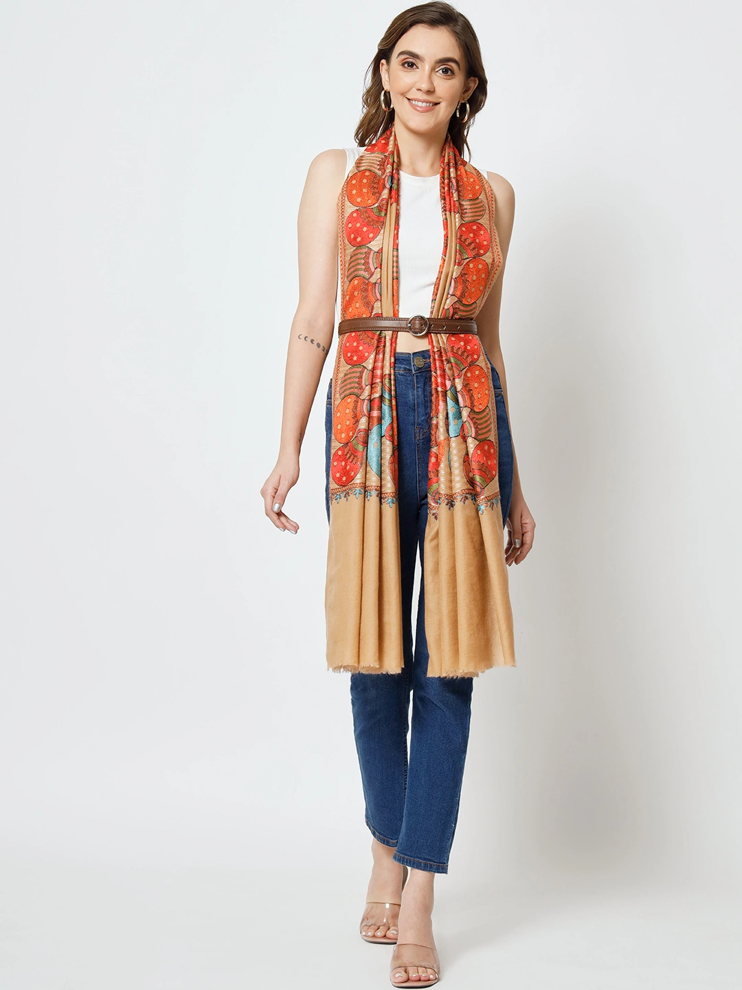 Brown Shawl with Embroidered Ethnic Motifs-MOD-PE-FW-DR-EMBR-23