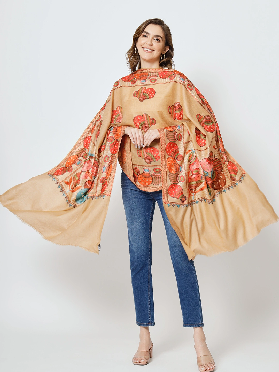 Brown Shawl with Embroidered Ethnic Motifs-3