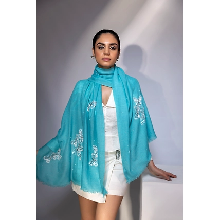 Turquoise Blue Shawl, Pure Pashmina Shawl with hand embroidery white butterflies-MOD-TURQ-PP-BUTTERFLIES