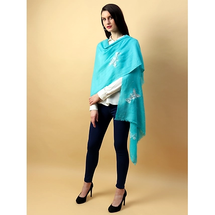 Turquoise Blue Shawl, Pure Pashmina Shawl with hand embroidery white butterflies-1