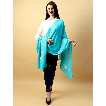 Turquoise Blue Shawl, Pure Pashmina Shawl with hand embroidery white butterflies-2