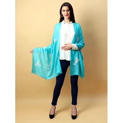 Turquoise Blue Shawl, Pure Pashmina Shawl with hand embroidery white butterflies-3
