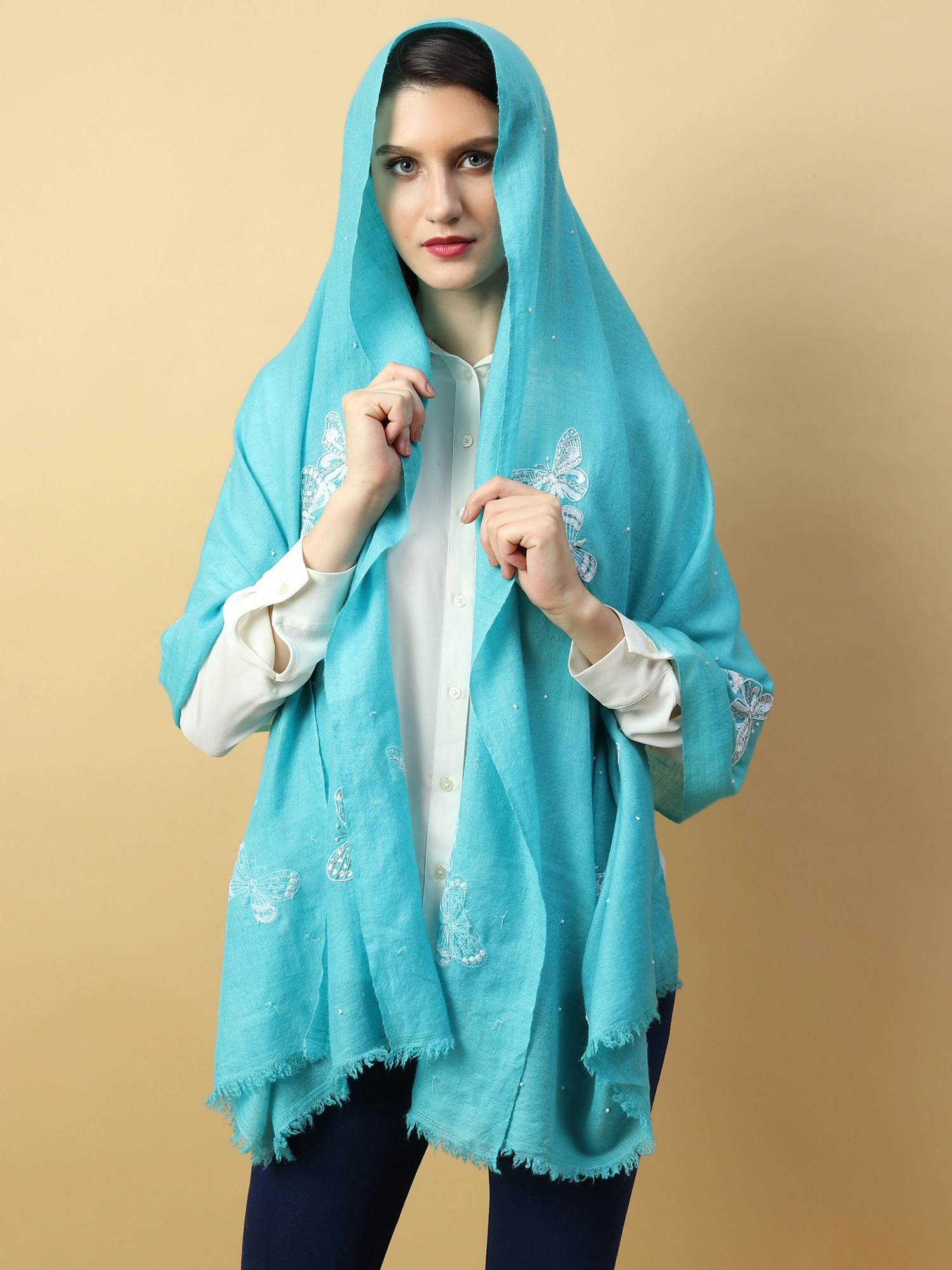 Turquoise Blue Shawl, Pure Pashmina Shawl with hand embroidery white butterflies-4