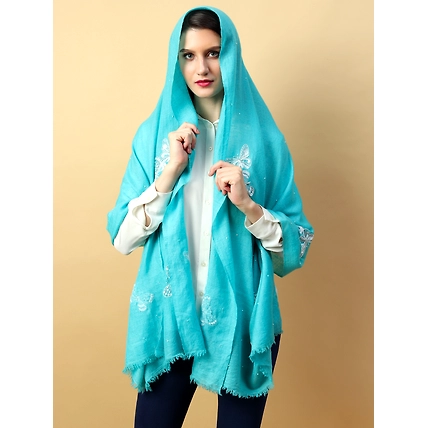 Turquoise Blue Shawl, Pure Pashmina Shawl with hand embroidery white butterflies-4
