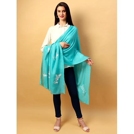 Turquoise Blue Shawl, Pure Pashmina Shawl with hand embroidery white butterflies-5