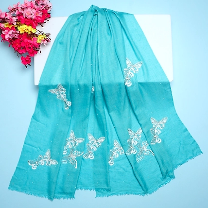 Turquoise Blue Shawl, Pure Pashmina Shawl with hand embroidery white butterflies-6