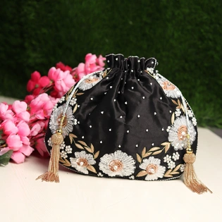 Black Potli Bag , hand embroidered with floral artwork