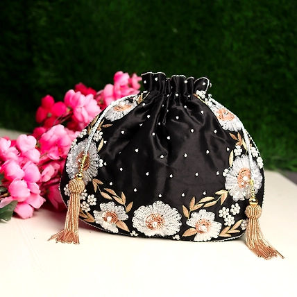 Black Potli Bag , hand embroidered with floral artwork-MOD-BLACK-FLORAL-POTLI