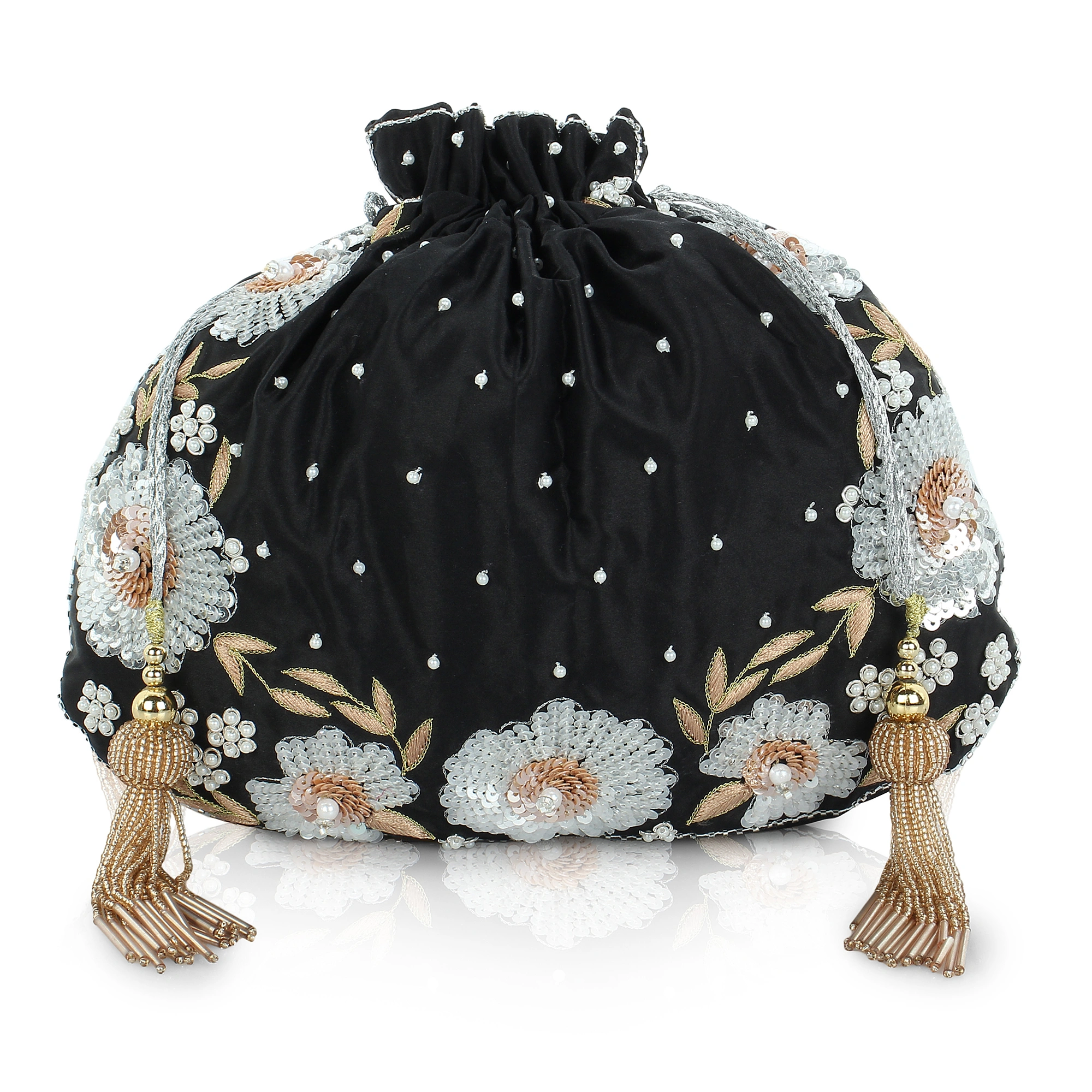 Black Potli Bag , hand embroidered with floral artwork-1