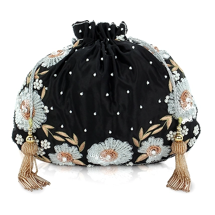 Black Potli Bag , hand embroidered with floral artwork-1