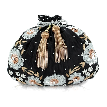 Black Potli Bag , hand embroidered with floral artwork-2