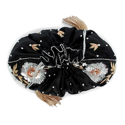 Black Potli Bag , hand embroidered with floral artwork-3