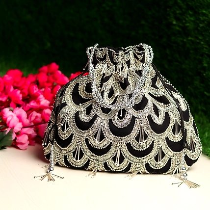 Black Potli Bag with exquisite silver circles embroidery-MOD-BLACK-SILVERRINGS-POTLI