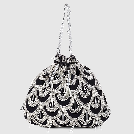 Black Potli Bag with exquisite silver circles embroidery-2