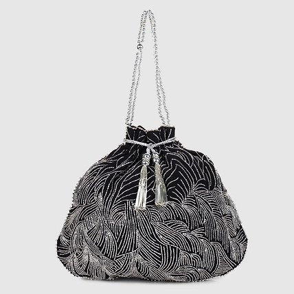 Black Potli Bag with exquisite silver waves embroidery-MOD-BLACK-SILVERWAVES-POTLI