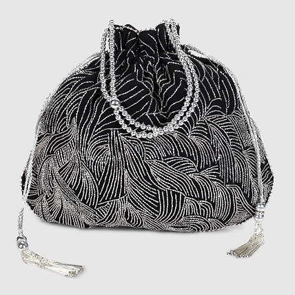 Black Potli Bag with exquisite silver waves embroidery-1