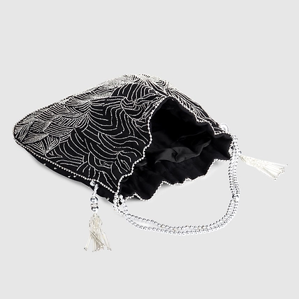 Black Potli Bag with exquisite silver waves embroidery-4