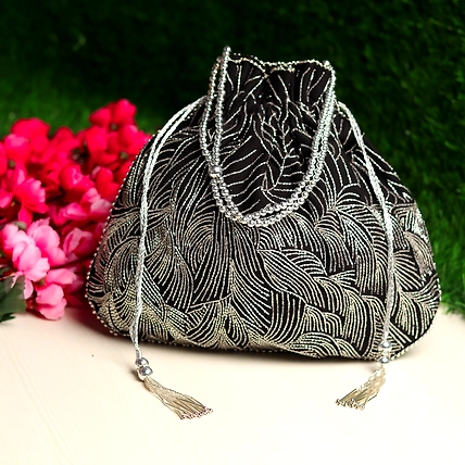 Black Potli Bag with exquisite silver waves embroidery-5