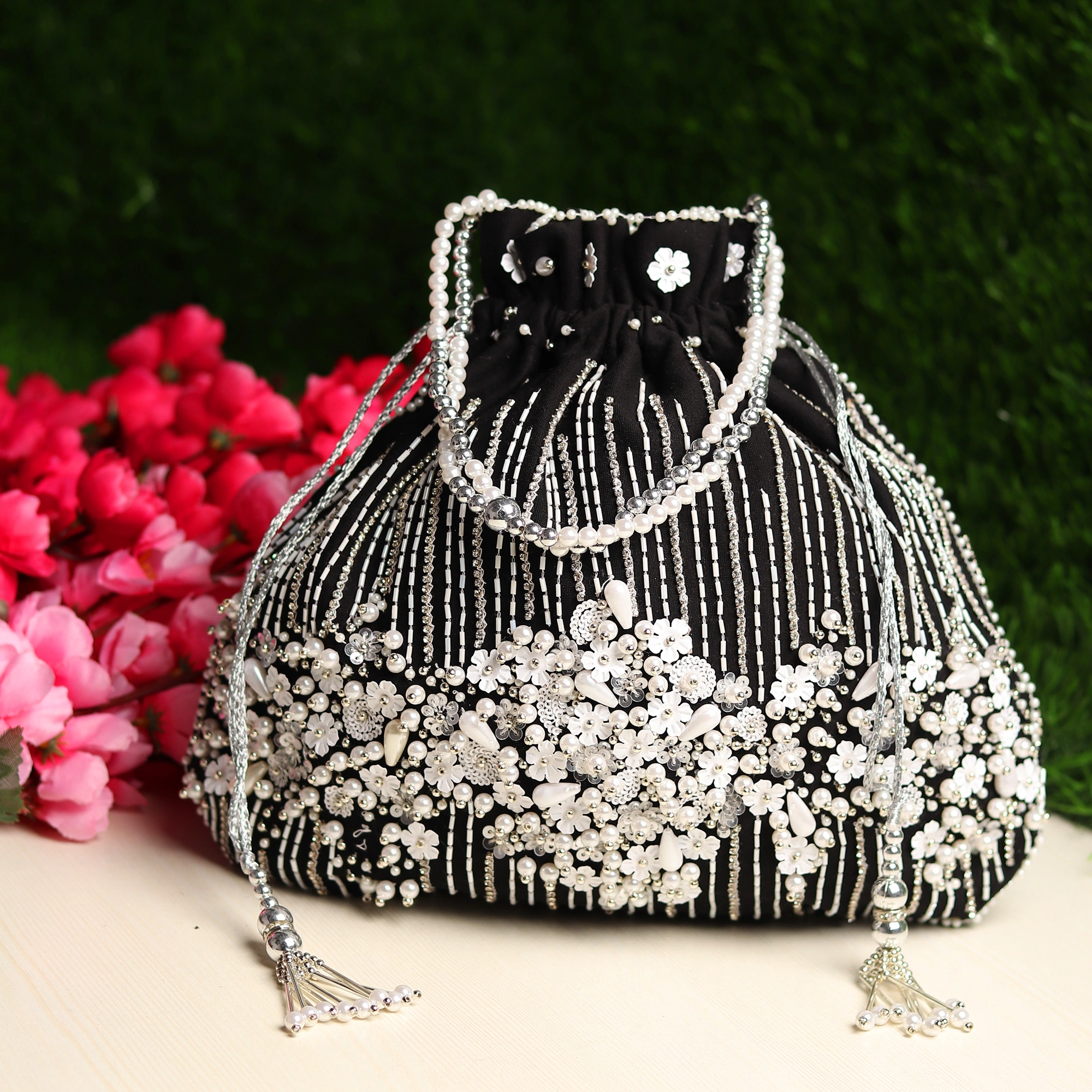 Black Potli Bag with exquisite white floral artwork design all over-MOD-BLACK-WHITEFLOWER-POTLI