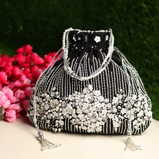 Black Potli Bag with exquisite white floral artwork design all over