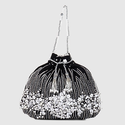 Black Potli Bag with exquisite white floral artwork design all over-1