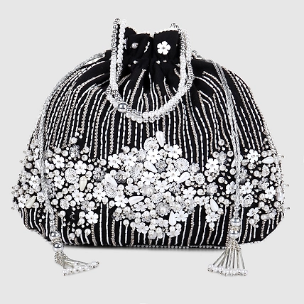 Black Potli Bag with exquisite white floral artwork design all over-2