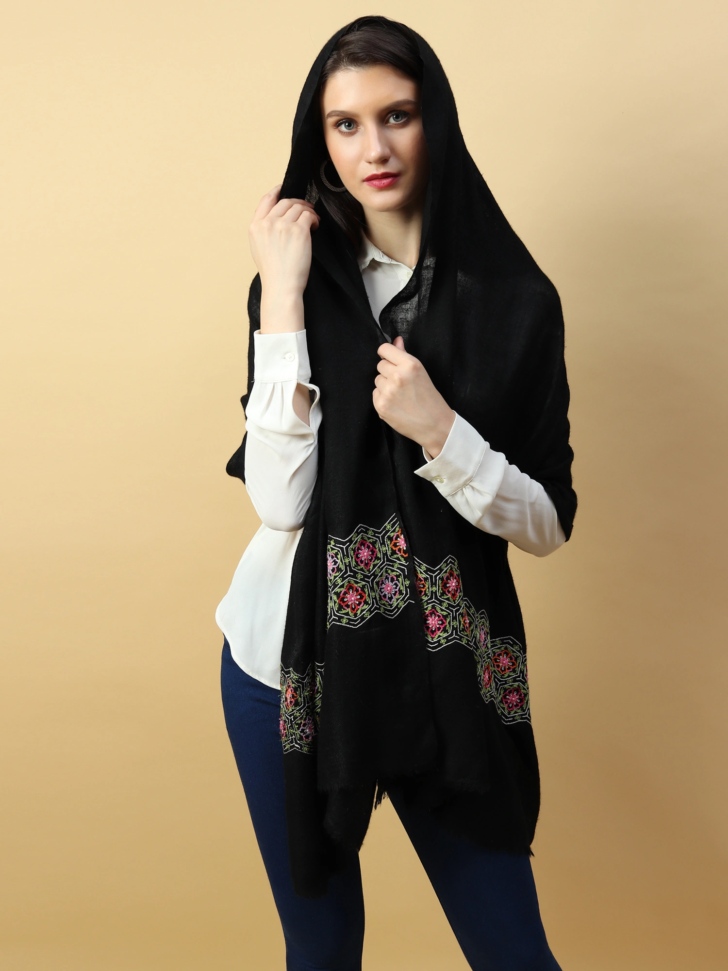 Black Shawl, Pure Pashmina Shawl hand embroidered with intricate floral artwork-MOD-BLA-PP-FLORAL