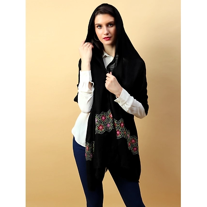 Black Shawl, Pure Pashmina Shawl hand embroidered with intricate floral artwork-MOD-BLA-PP-FLORAL