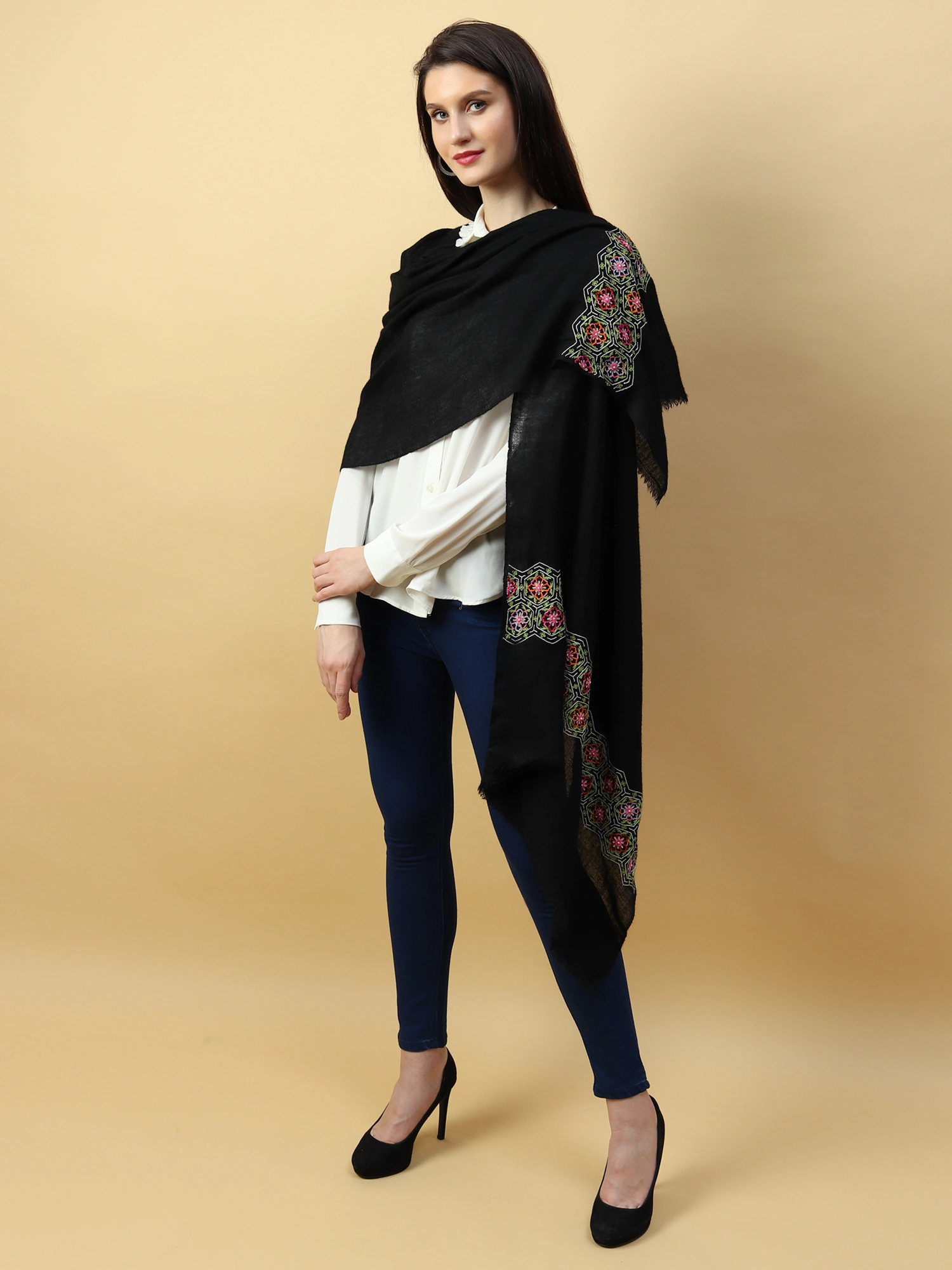 Black Shawl, Pure Pashmina Shawl hand embroidered with intricate floral artwork-1