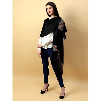Black Shawl, Pure Pashmina Shawl hand embroidered with intricate floral artwork-1