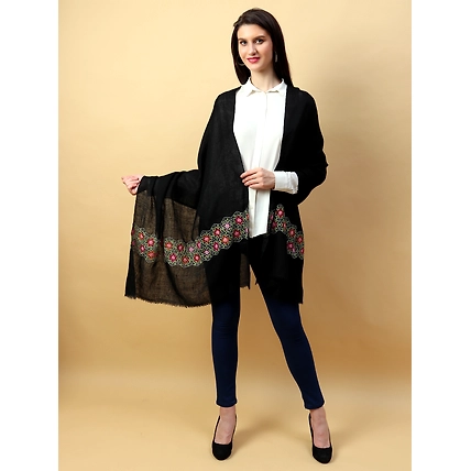 Black Shawl, Pure Pashmina Shawl hand embroidered with intricate floral artwork-2