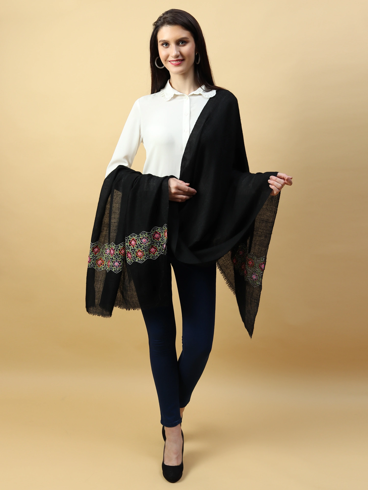 Black Shawl, Pure Pashmina Shawl hand embroidered with intricate floral artwork-3