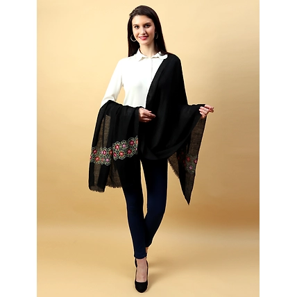 Black Shawl, Pure Pashmina Shawl hand embroidered with intricate floral artwork-3