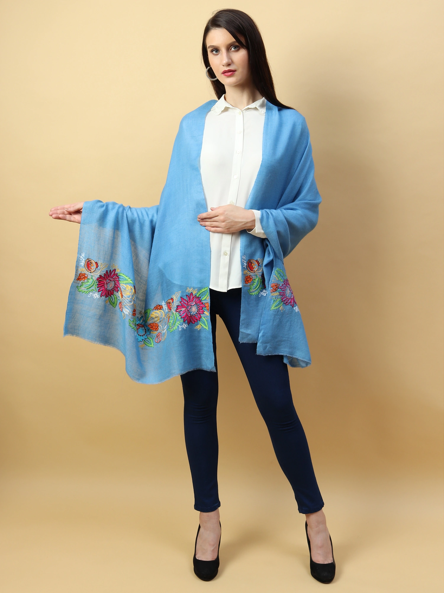 Hand Embroidered Pure Pashmina Blue Shawl-MOD-BLUE-PP-FB