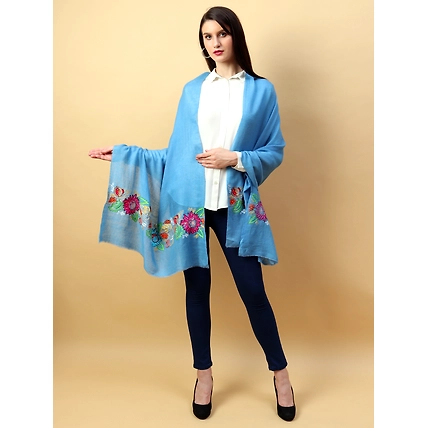 Hand Embroidered Pure Pashmina Blue Shawl-MOD-BLUE-PP-FB