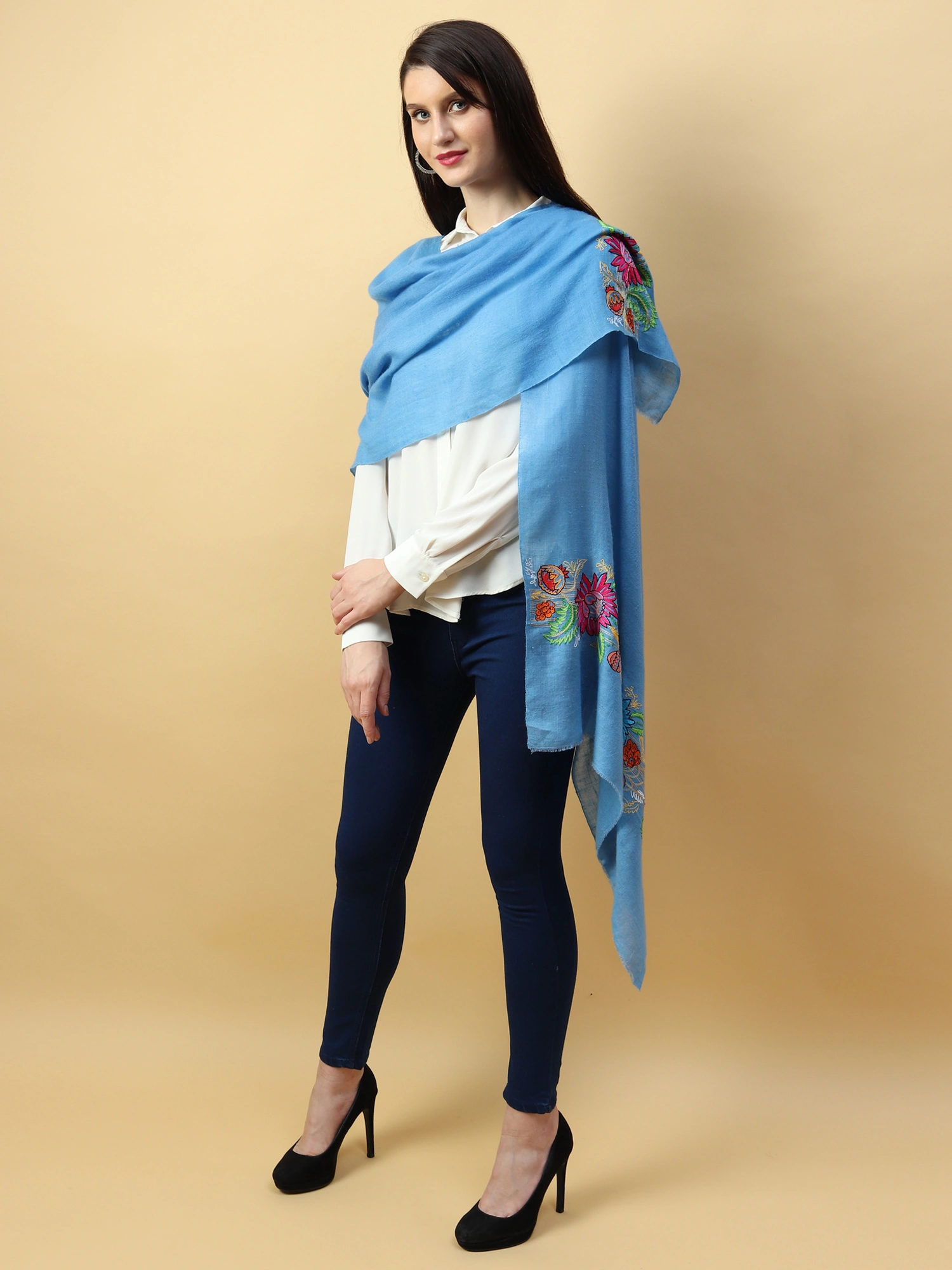 Hand Embroidered Pure Pashmina Blue Shawl-2